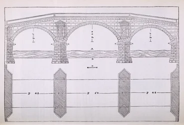 Elevação de uma ponte, ilustração de uma cópia fac-símile de &39;I Quattro Libri dell&39;Architettura&39; escrita por Palladio, publicada originalmente em 1570